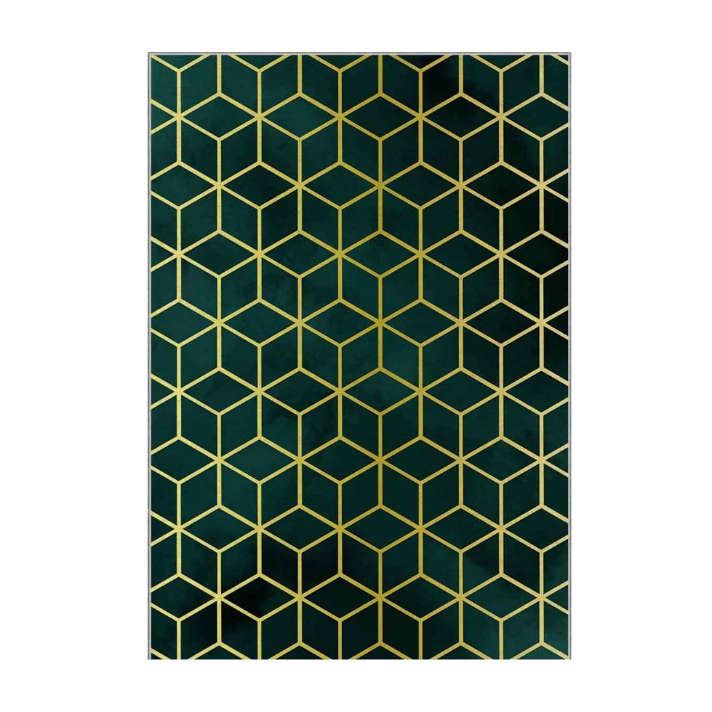 Geometrischer Teppich in Grün mit Prismenmuster und goldfarbenen Linien – 80x250 cm, rutschhemmend, Polyester-Samt, waschbar
