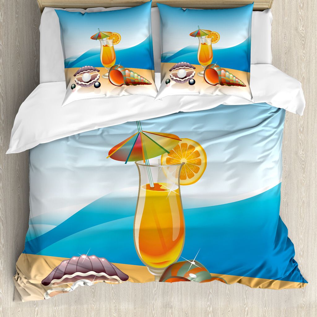 ABAKUHAUS Pearls Bettbezug, Seascape Summer Beach, Milbensicher Allergiker geeignet mit Kissenbezügen, 200 cm x 200 cm - 80 x 80 cm, Blau Orange Lila