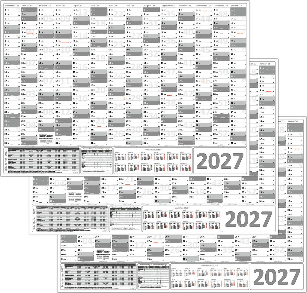 3 Stück XXL Wandkalender Wandplaner 2027 grau (gerollt) DIN A0 Format (841 x 1189 mm) 14 Monate, komplette Jahresvorschau Folgejahr und Ferienterm...