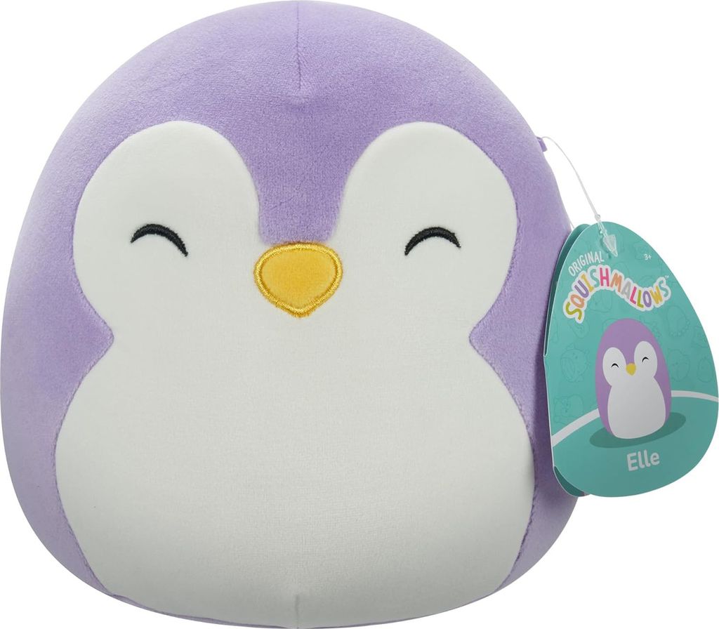 A purple plush penguin toy with a tag.