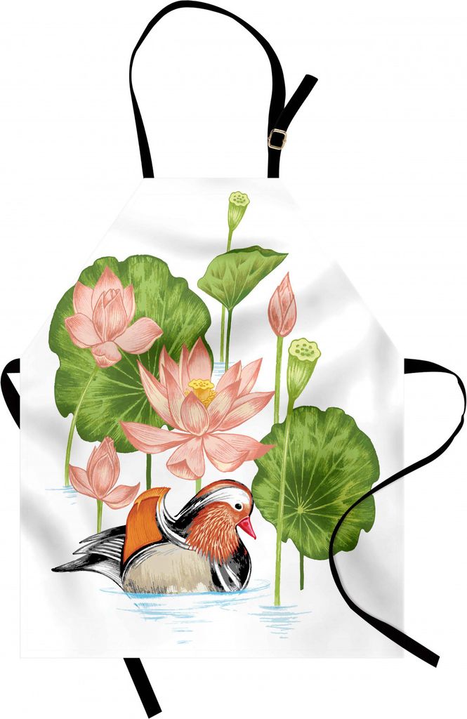 ABAKUHAUS Badeente Kochschürze, Baby-Mandarine-Entlein im Teich mit Lotus Lily Flowers Water Painting, Farbfest Höhenverstellbar Waschbar Klarer ...