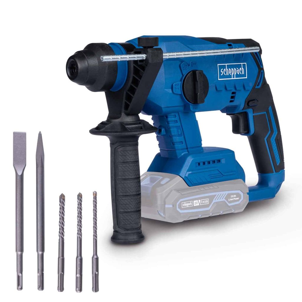 A blue and black cordless rotary hammer with several drill bits and chisels displayed in front of it, all on a white background.