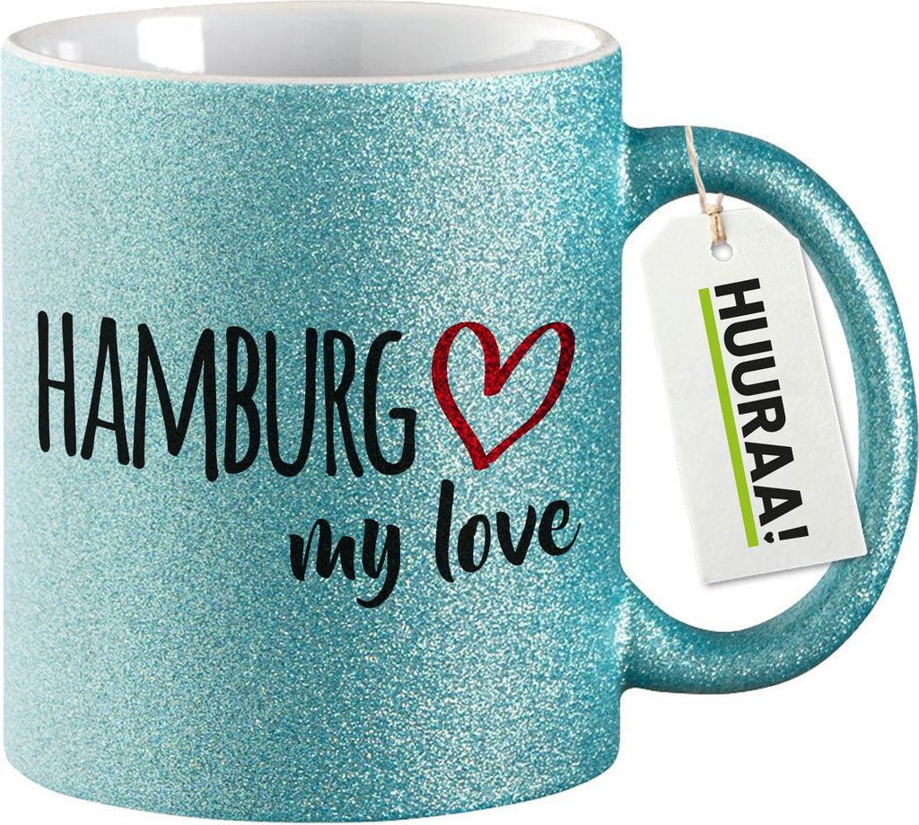 Huuraa Glitzertasse Hamburg my love 330ml Blau Keramik Kaffeebecher Geschenkidee
