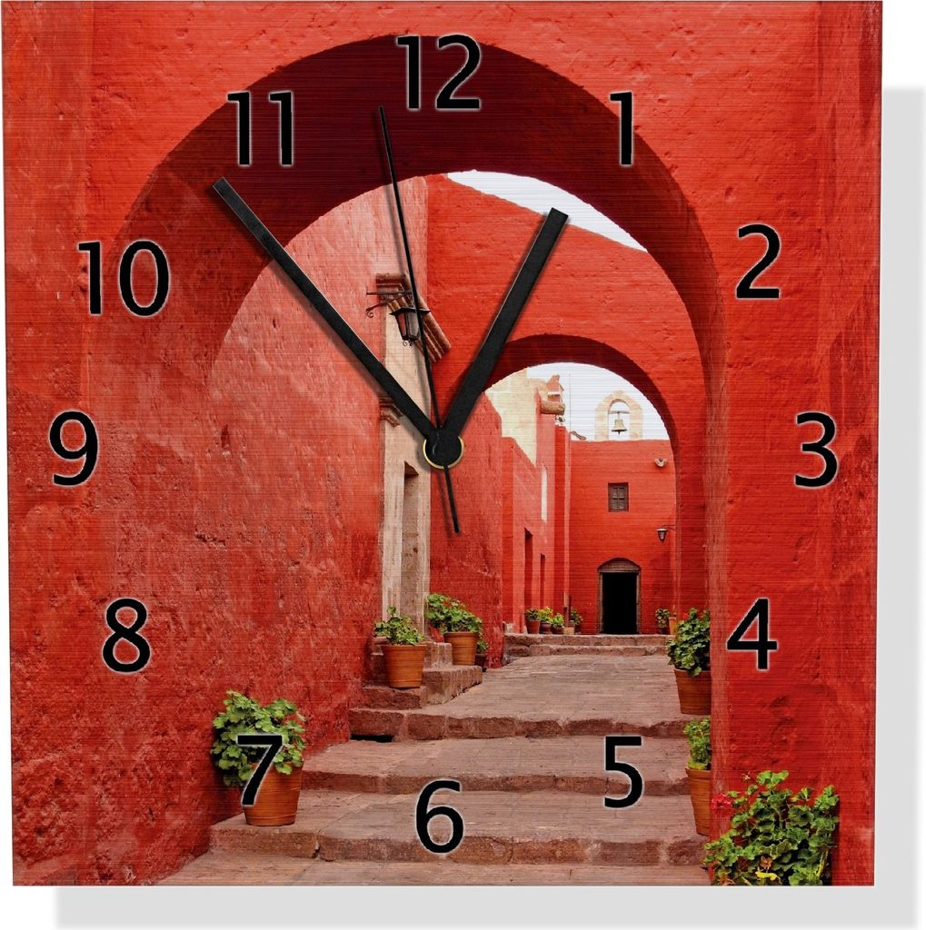 Wallario Design Wanduhr Roter Torbogen aus Aluverbund, Größe 30 x 30 cm