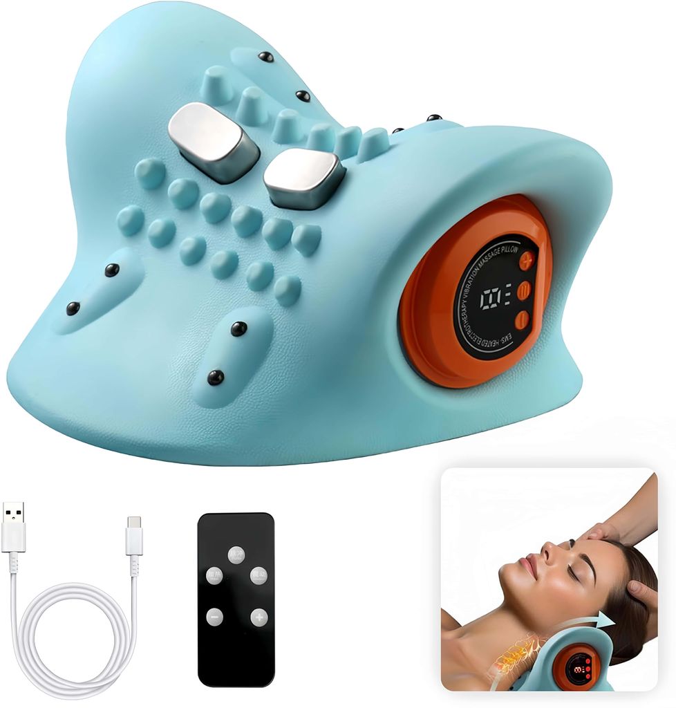 Nackenmassagegerät, Nackenstrecker, EMS Kabelloses Nacken Massagegerät, 3 Modi 6 Einstellbare Frequenzen Entspannungskissen, Blau