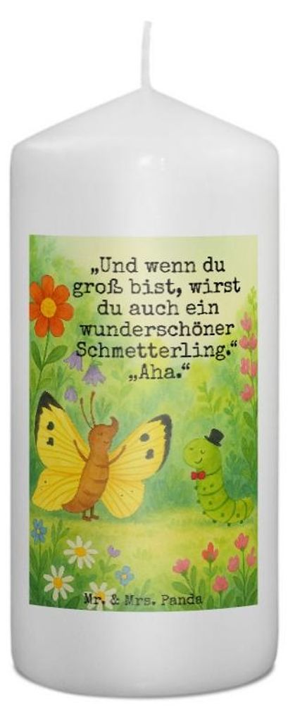 Mr. & Mrs. Panda Kerze Raupe Schmetterling Design 15 x 7 cm - Weiß - Geschenk, Erinnerungslicht, Schönheit, Zitronenfalter, Bedruckte, Stumpenker...