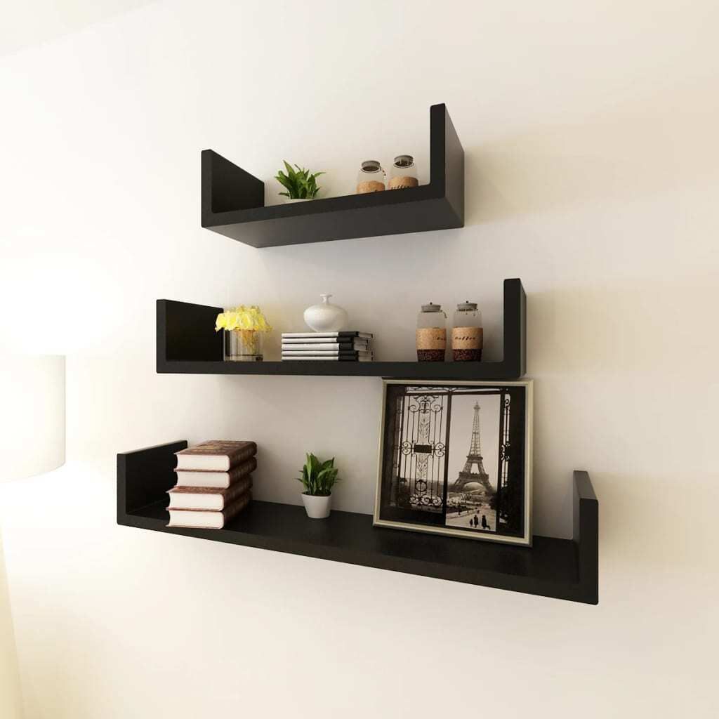 “2026 Moderne“3-tlg. Wandregal-Set U-Form für Bücher DVD MDF Schwarz - Wandregale Designermöbel 2589065