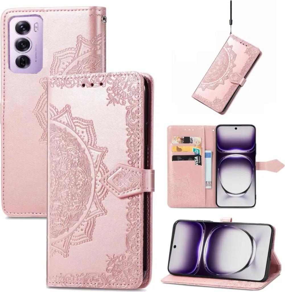 Cover Oppo Reno 12 Mandala Oro Rosa: Custodia Portafoglio Glamour