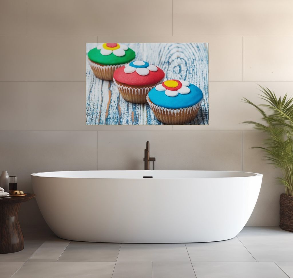 Wallario wasserfestes Poster selbstklebend 91,50 x 61 cm, Bunte Muffins - alter Holztisch - Stillleben, Badezimmerposter Spritzschutz mit Hochglanz...