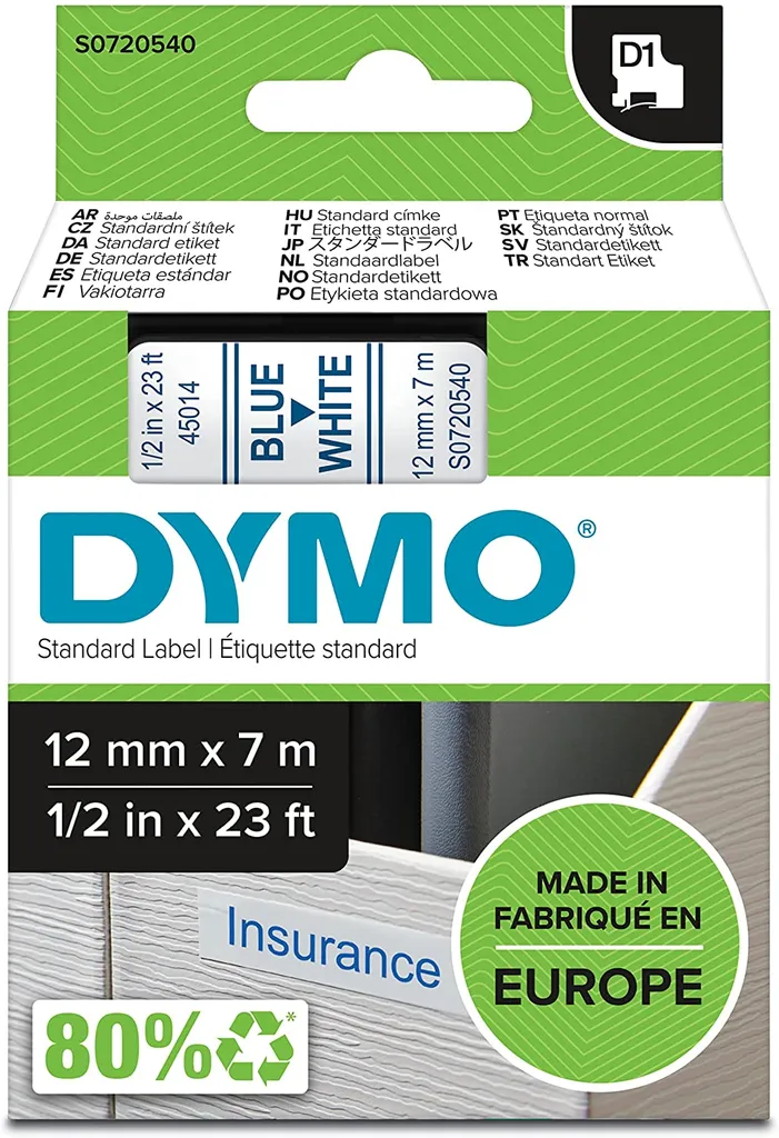 DYMO D1 Standard - Blue on White - 12mm nastro per etichettatrice - 12