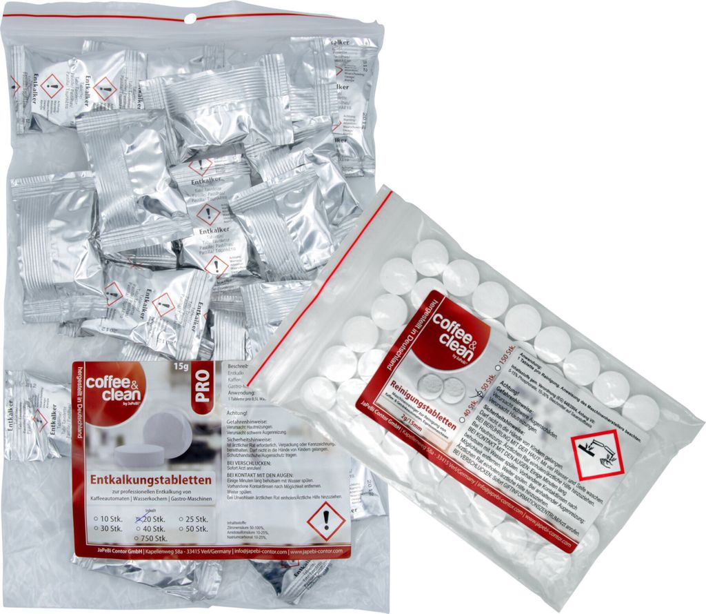 A collection of cleaning tablets for coffee machines, packaged in plastic bags.