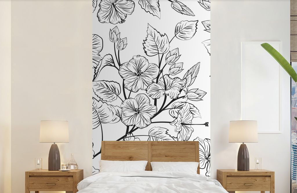 MuchoWow Fototapete für Wohnzimmer oder Schlafzimmer Wandtapete Vinyl Motivtapete Eine schwarz-weiße Illustration eines Blumenmusters - 120x240...