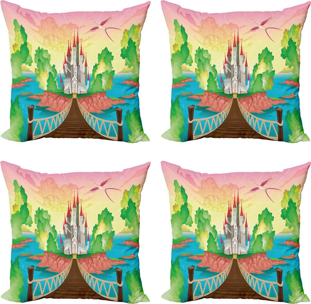 ABAKUHAUS Kinder Kissenbezug Set (4 Stück), Hölzerne Brücke und Vogel, Moderner Doppelseitiger Digitaldruck, 40 cm x 40 cm, Mehrfarbig