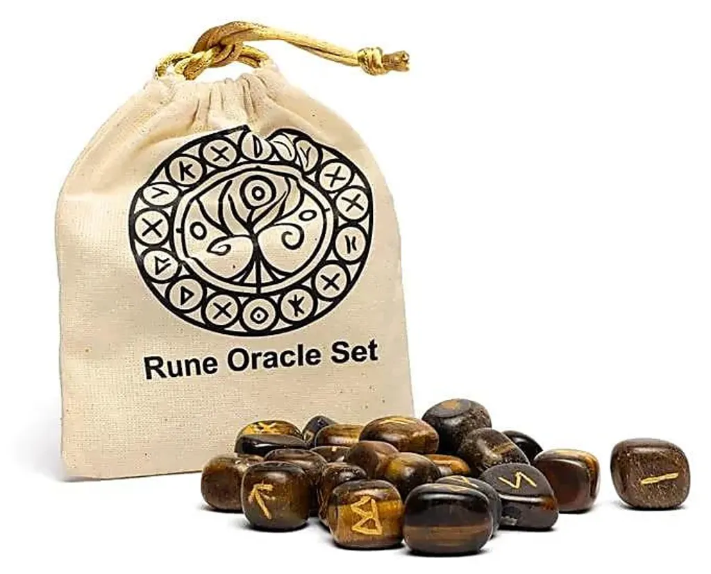 Rune Oracle en Pierre Naturelle Œil de Tigre Gravée avec Sac de Coton