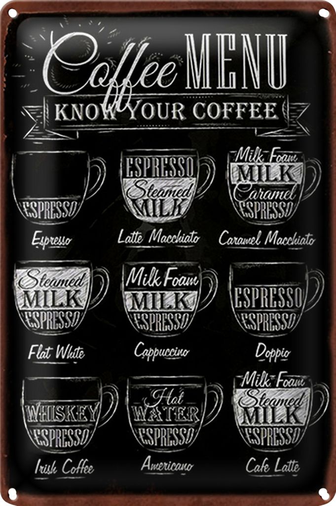 Blechschild Kaffee 18x12cm Coffee Menu flat white Doppio