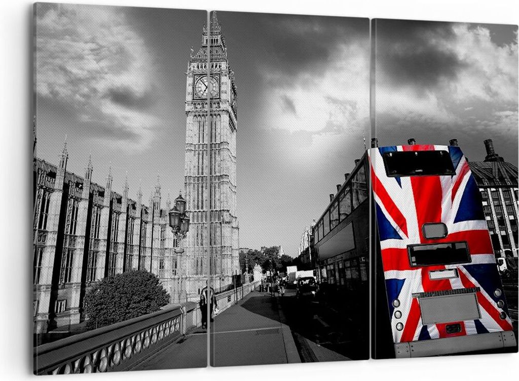 Bild auf Leinwand - Leinwandbild - Bus London Big Ben Gebäude - 105x70cm - Wand Bild - Wanddeko - Leinwanddruck - Bilder - Kunstdruck - Wanddekora...