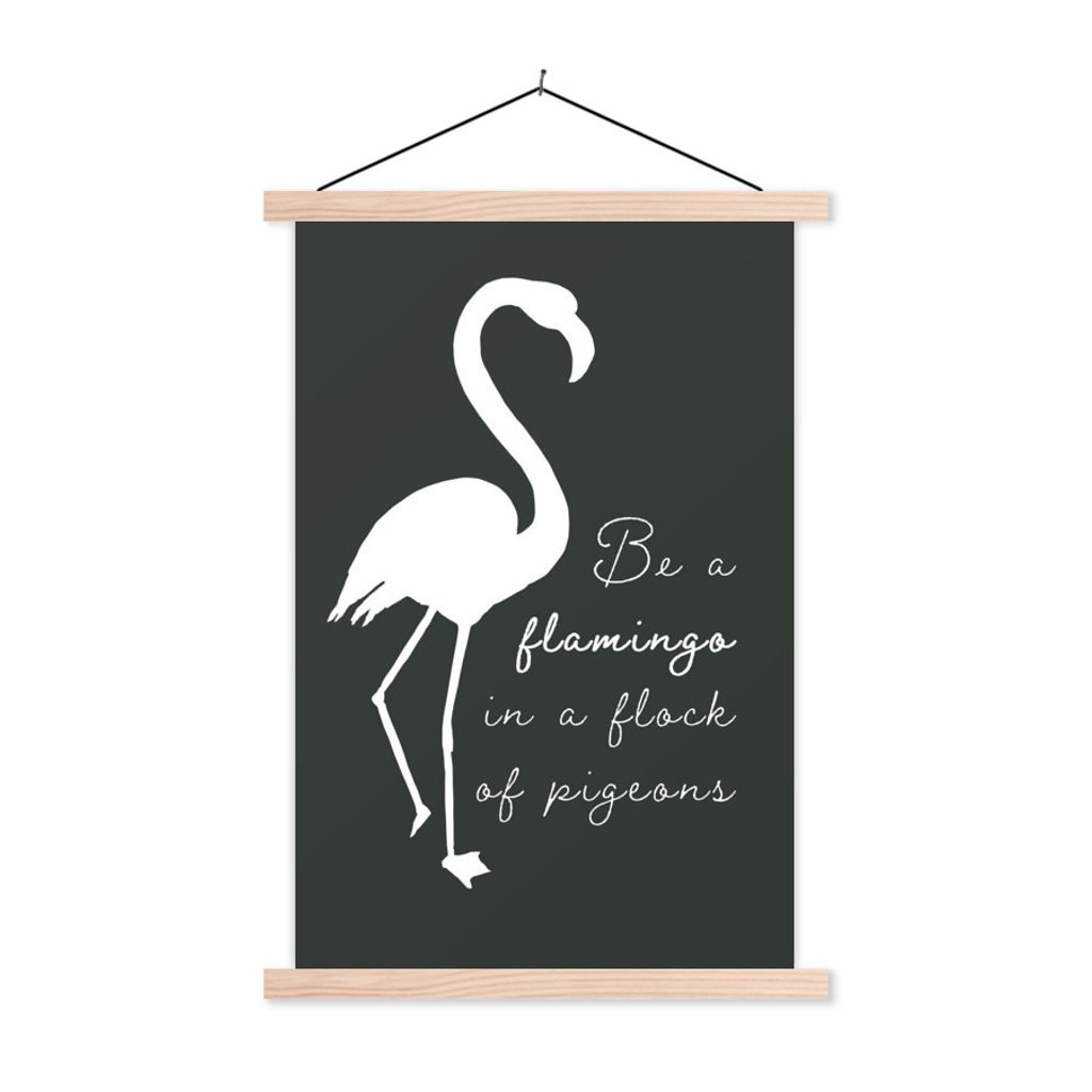 MuchoWow Textilposter Zitat - Flamingo - Schwarz - Weiß 120x180 cm mit holzfarbenen Rahmen - Textil-Plakat