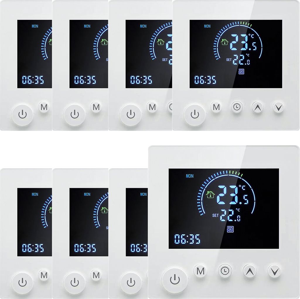 A collage of multiple digital thermostats.