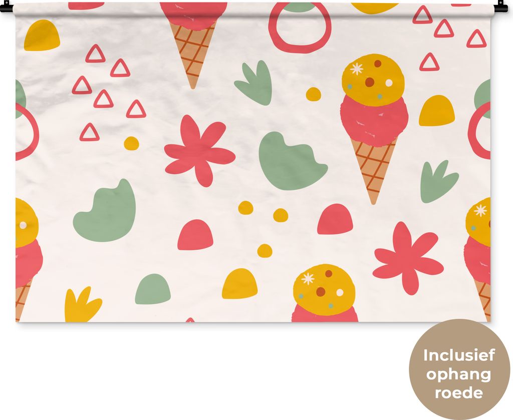 MuchoWow Wandteppich Wandbehang Eiscreme - Dreieck - Blumen - Muster 120x80 cm Tapisserie Dekoration Wandtuch - Wanddekorationen - Wandtücher