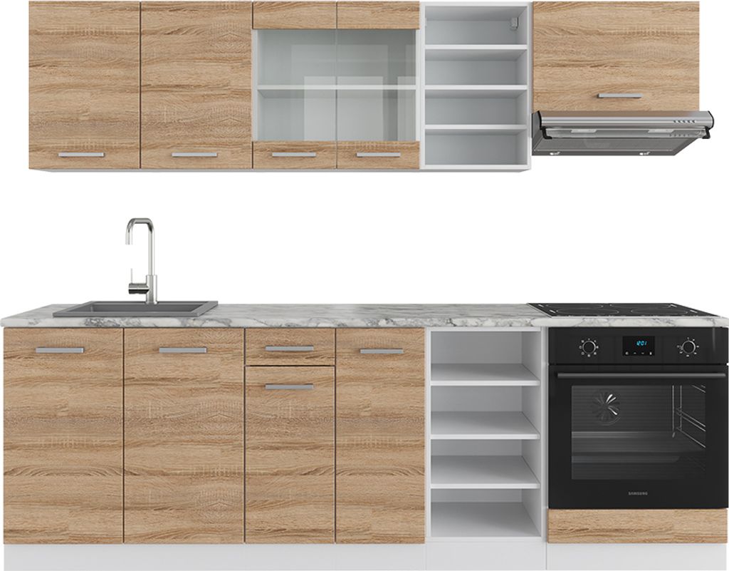 Küchenzeile Vicco R-Line Sonoma/Weiß 240 cm , AP Marmor, Model 37667