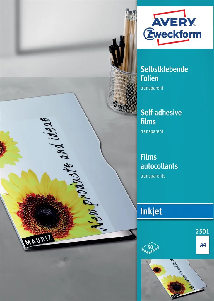 Film Adhésif A4 Ultra Transparent Avery 2501 Revêtement Spécial 50 Pcs