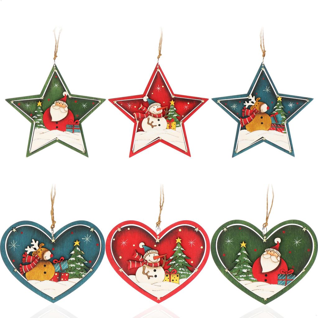 com-four 6x Holzanhänger für den Weihnachtsbaum - Christbaumschmuck aus Holz - Holzverzierung Weihnachtsdeko mit bunten Motiven - Dekoration f...