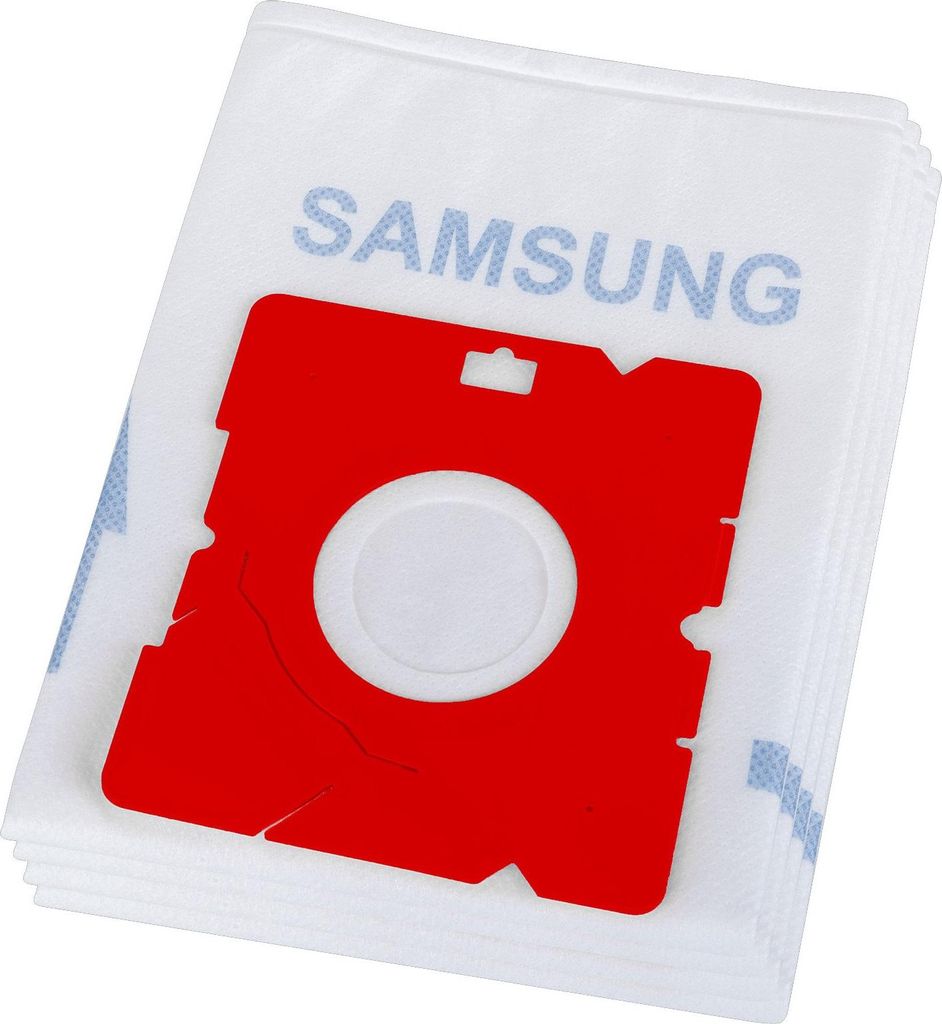 A stack of white vacuum cleaner bags with a red cardboard attachment.