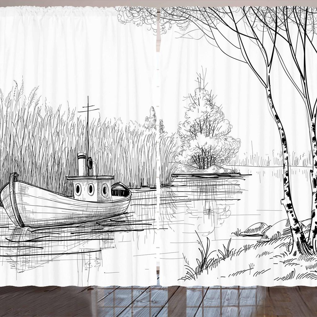 ARANDE Natur Gardine, Boot Auf Fluss Durch Die Wasser Schilfe, Die See Pflanzen Hand Art Natur Fischen, 280 x 175 cm, Weiß Schwarz