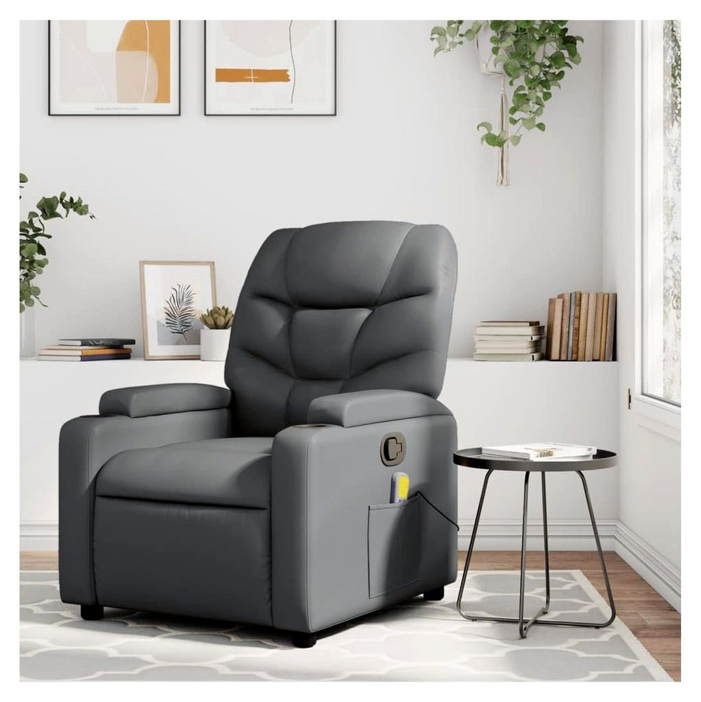Massagesessel Grau Kunstleder Relaxsessel mit Liegefunktion