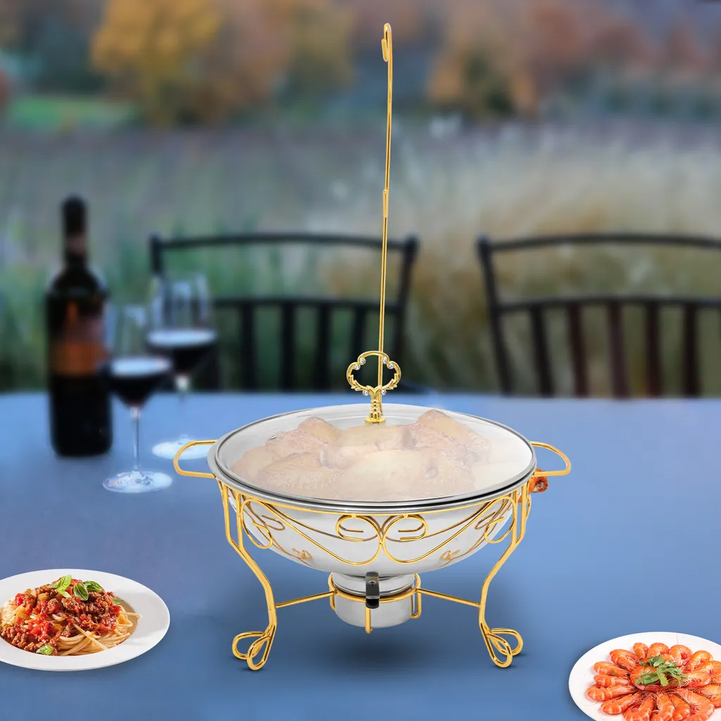 Chafing Dish en Inox Doré Luxe avec Couvercle de Visualisation en Verre
