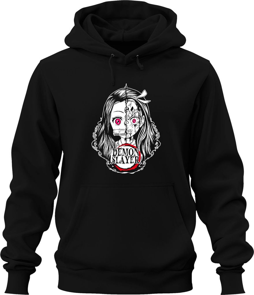 Demon Slayer Nezuko gespaltenes Gesicht Anime Horror Pink Augen Uni Hoodie Kapuzenpullover, Schwarz, XL