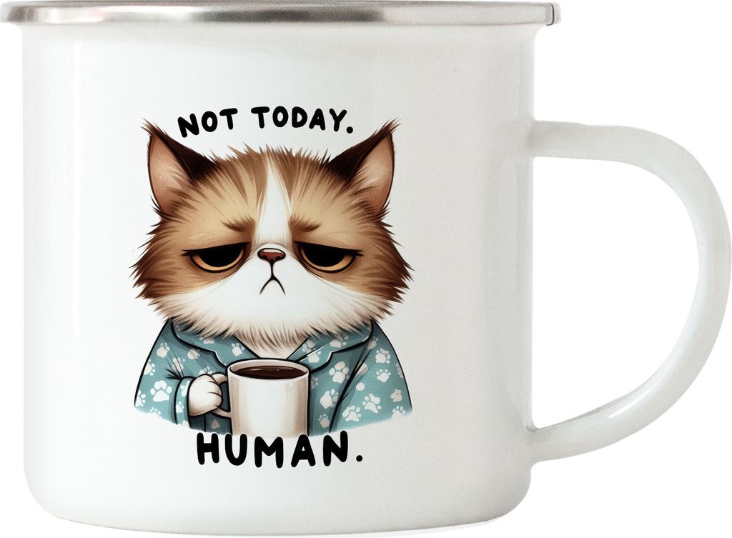 Not Today Human Emaille Tasse Katze Lustig Süß Geschenkidee für Morgenmuffel