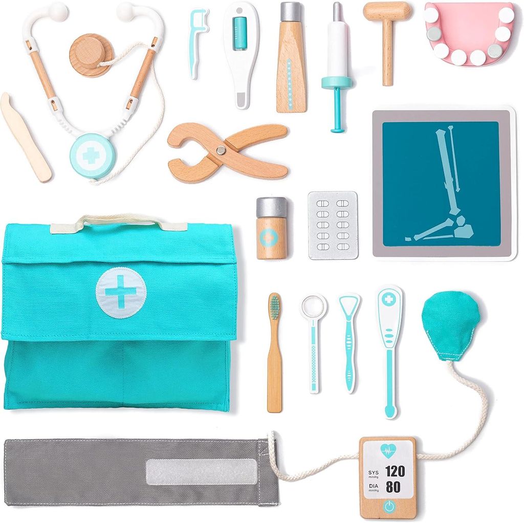 Spielzeug-Arztkoffer Holz Arztkoffer Kinder Spielset Doktorkoffer Spielzeug 18 St.