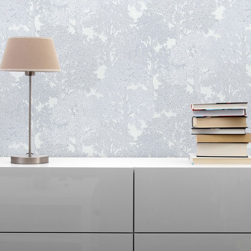 TADESSI Tapete Bäume Blätter Enrico M1-No.1445 Vliestapete Grau Weiß Waldtapete Wohnzimmer Schlafzimmer Küche
