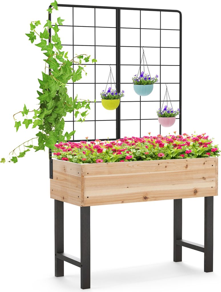 COSTWAY Hochbeet mit Spalier, Rankgitter & Ablauflöchern, Blumenbeet Gartenbeet Pflanzkasten Holz, Blumenkasten für Kletterpflanzen 79x35x108cm