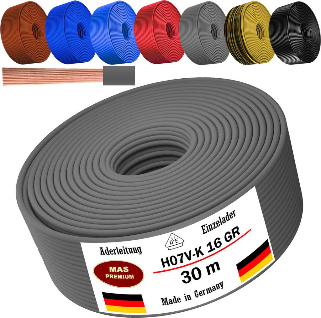 30m Aderleitung H07 V-K GR 1x16 mm² Grau Einzelader flexibel