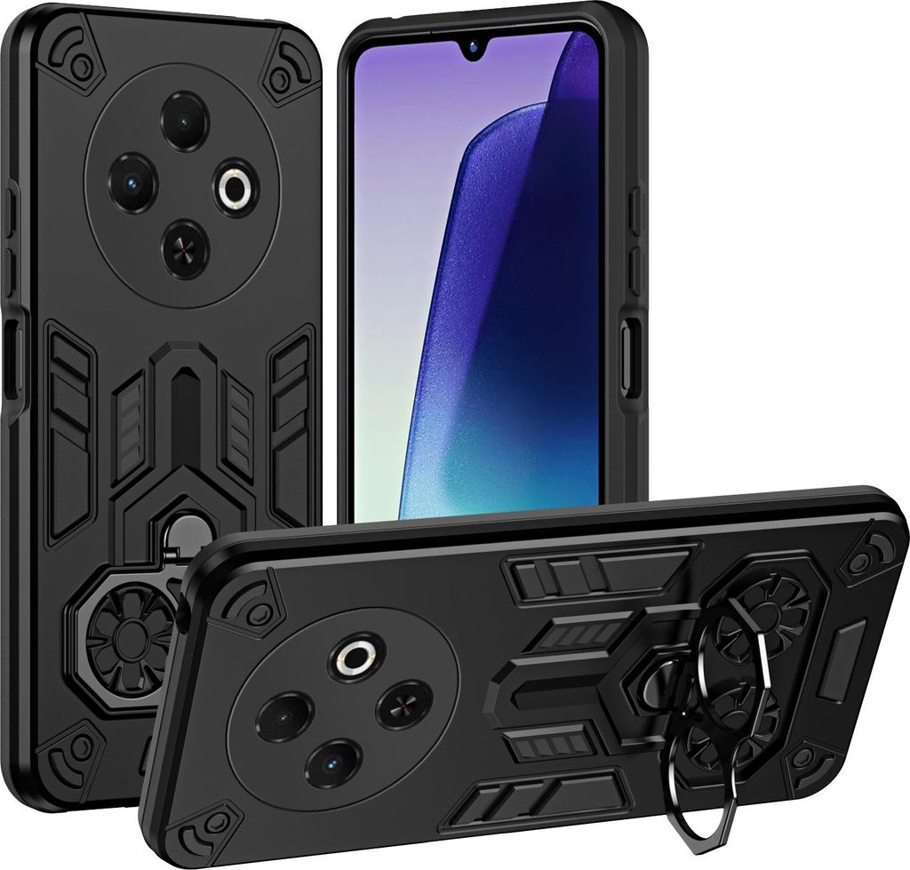 Hülle für Tecno Spark 30C Dual Layer PC TPU Militärqualität Stoßfest Rüstung Handyhülle mit Ring Metall Ständer Schwarz