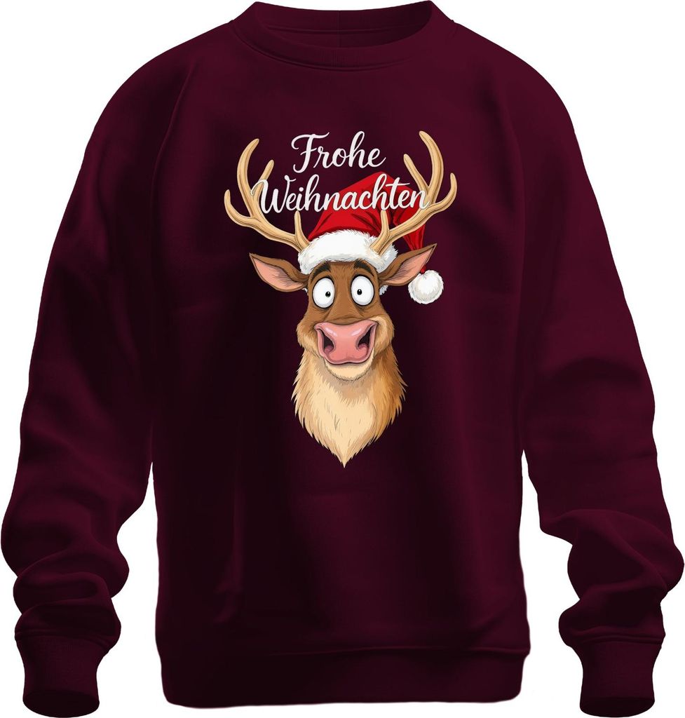 Frohe Weihnachten Lustiges Rentier Weihnachtsmütze Cartoon Humor Uni Sweatshirt Pullover, Burgundy, XL