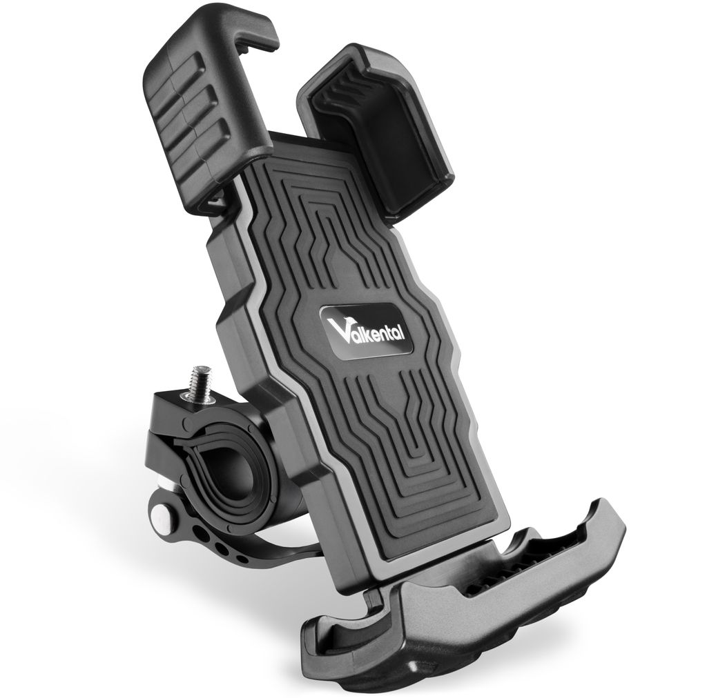 A black bicycle phone mount is shown against a white background.