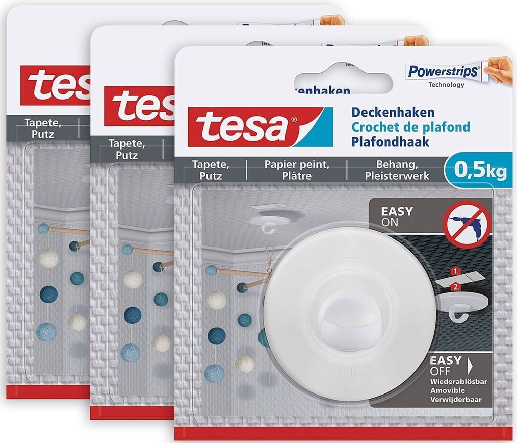 tesa Deckenhaken (3 Stck.) weiß - selbstklebend ohne Bohren Produktbild 1