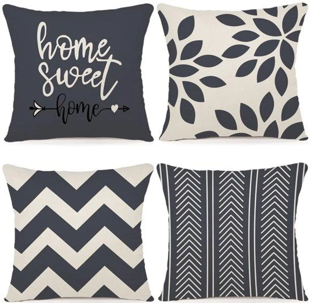 Housse de Coussin 45x45 pour Canapé et Jardin Lot de 4 Lin Gris Noir