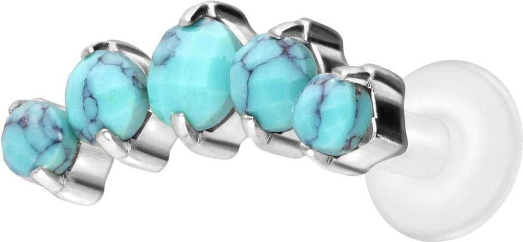 Ohrpiercing, Nasenpiercing PTFE Labret mit Innengewinde + Titan-Aufsatz 5 SYNTHETISCHE TÜRKISE Silber Stablänge: 10mm | Stabstärke: 1,6mm