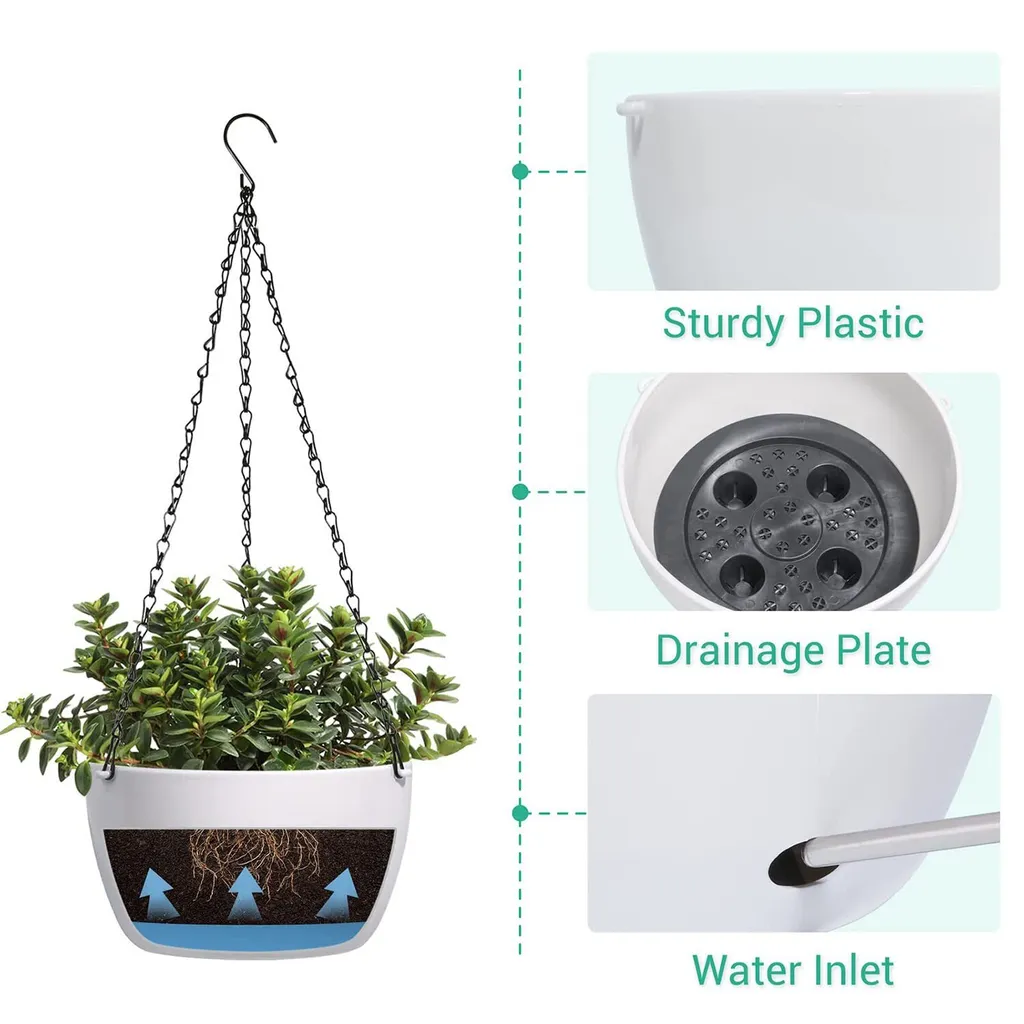 3 Pots de Fleurs Suspendus 20cm Blancs - Auto-irrigation Extérieur