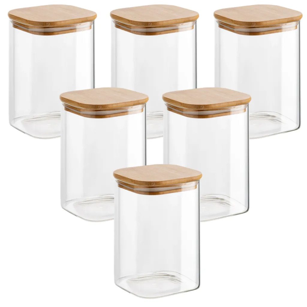 6 Barattoli Vetro 500ml Quadrati per Snack e Merende Coperchio Legno
