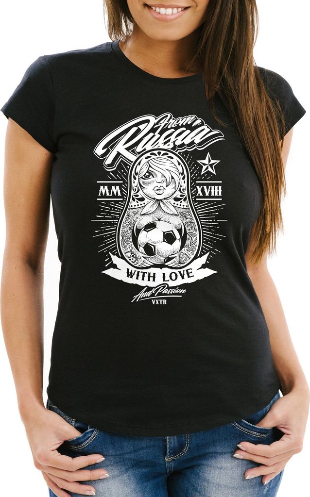 Damen T-Shirt WM-Shirt WM 2018 Fußball Weltmeisterschaft Russland Matryoshka Matrjoschka Tattoos Moonworks schwarz XS