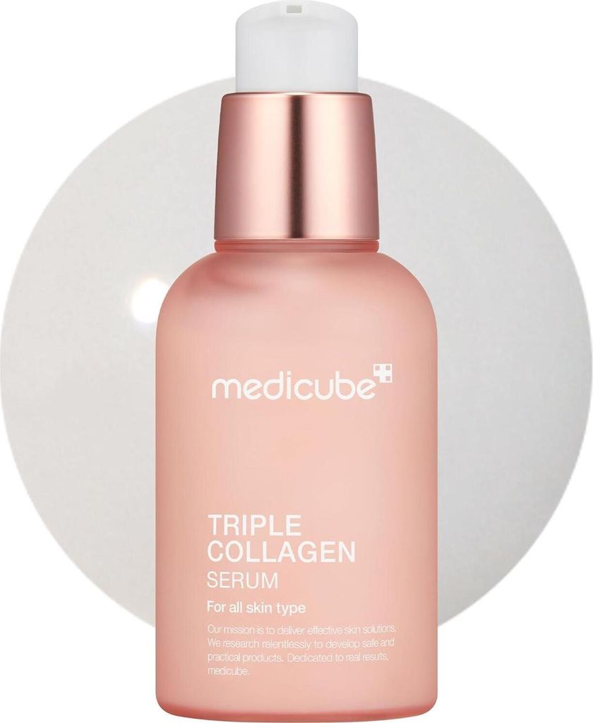 A bottle of Medicube Triple Collagen Serum is presented against a soft, circular white background.