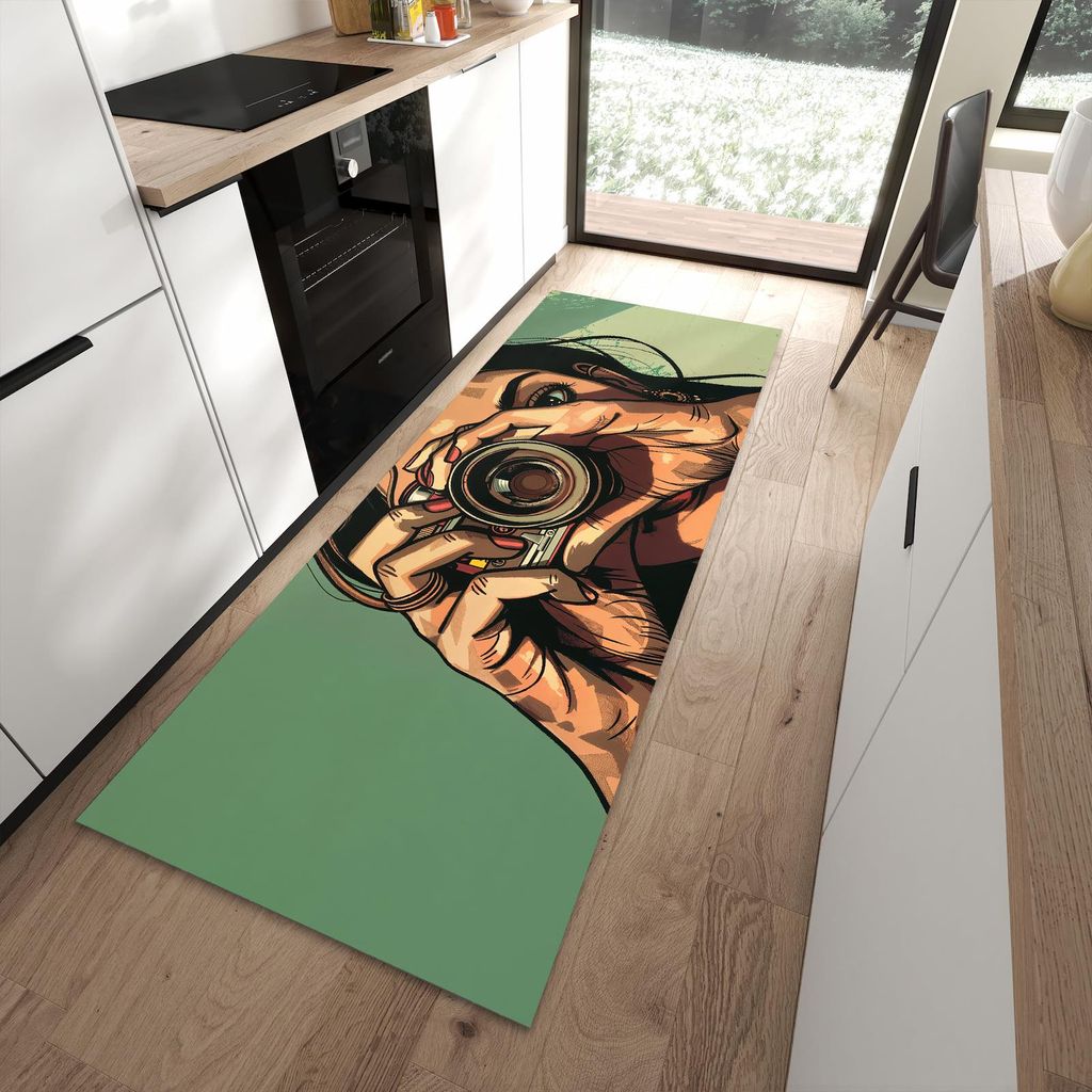 Küchenteppich 90x240cm rutschfest & abwischbar PVC Läufer - Frau Mit Kamera