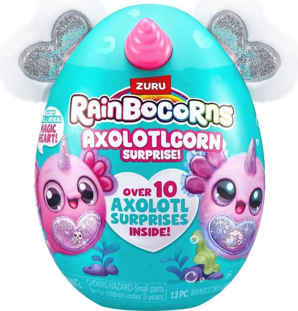 A teal-colored egg-shaped toy packaging with pink accents and illustrations of axolotl-like creatures.