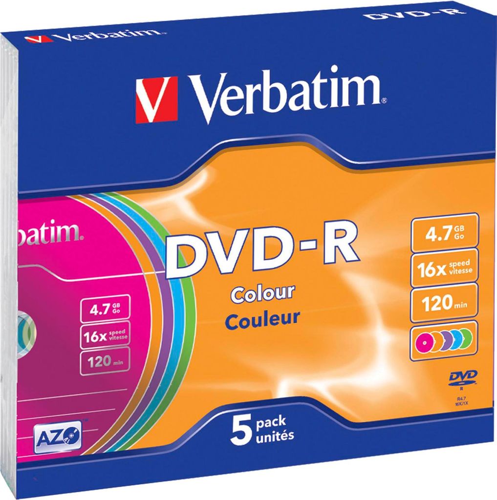 1x5 Verbatim DVD-R 4,7GB Colour 16x Speed, Slim Case Produktbild 