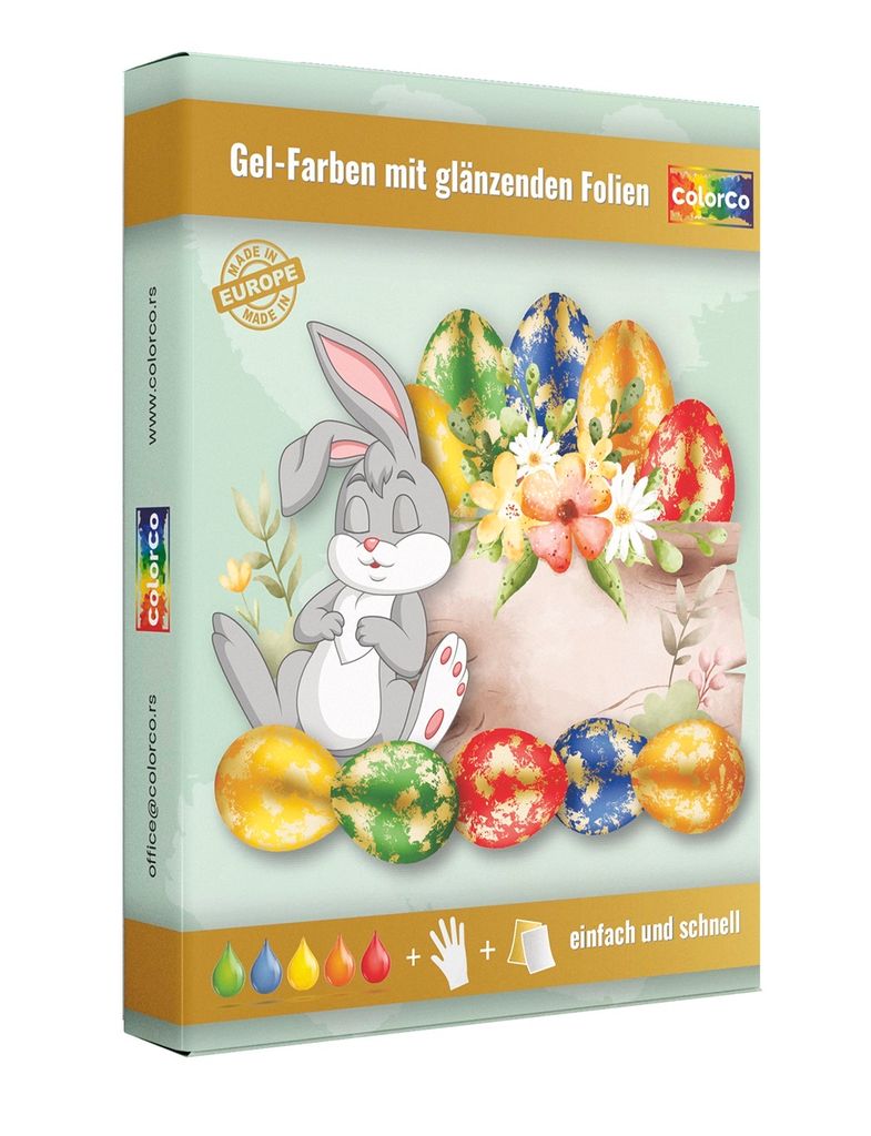 Eierfarben - Gel-Farben mit glänzenden Folien - 5 Gel-Farben und Handschuhe - 20 Milliliter